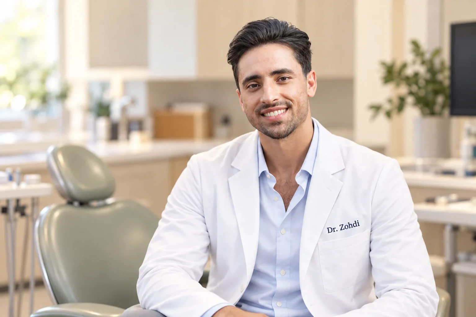 Payam Zohdi, DDS, smiling in a white coat, seated beside a dental chair in a treatment room at Cleburne Dental