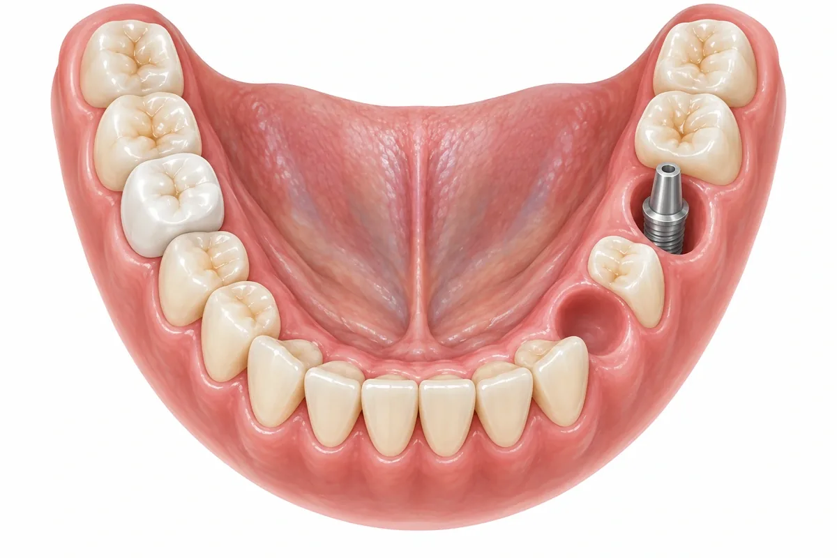 Illustration of a lower arch with a crowned tooth, a dental implant and a missing-tooth space marked for planning