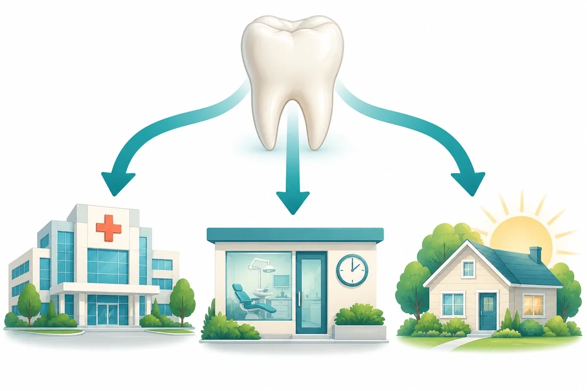 Illustration of three paths from a tooth icon: a hospital building, a clinic with a clock, and a house with a sunrise