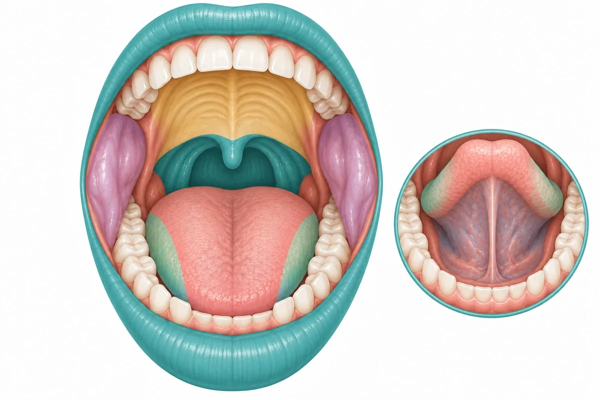 Illustration of an open mouth with the lips, tongue surfaces, cheeks, palate, floor of mouth and throat highlighted
