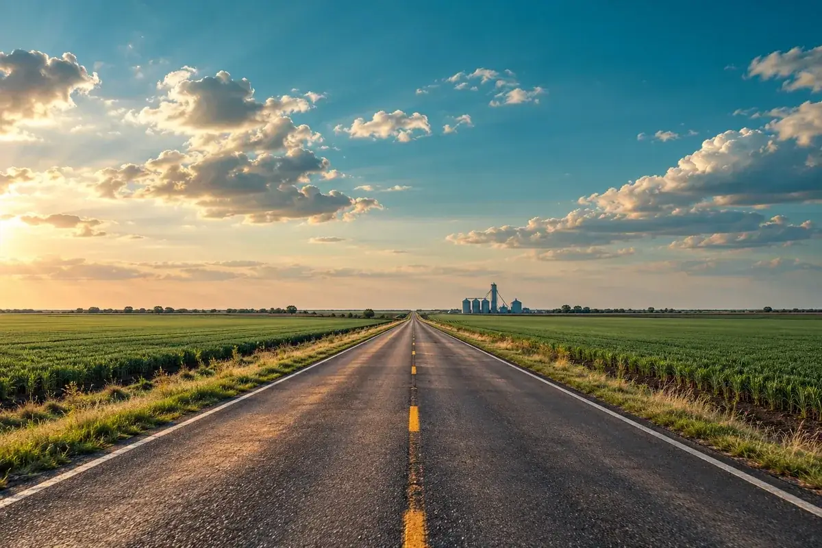 Farm-to-market road crossing open blackland prairie fields under a wide sky in western Ellis County, Texas