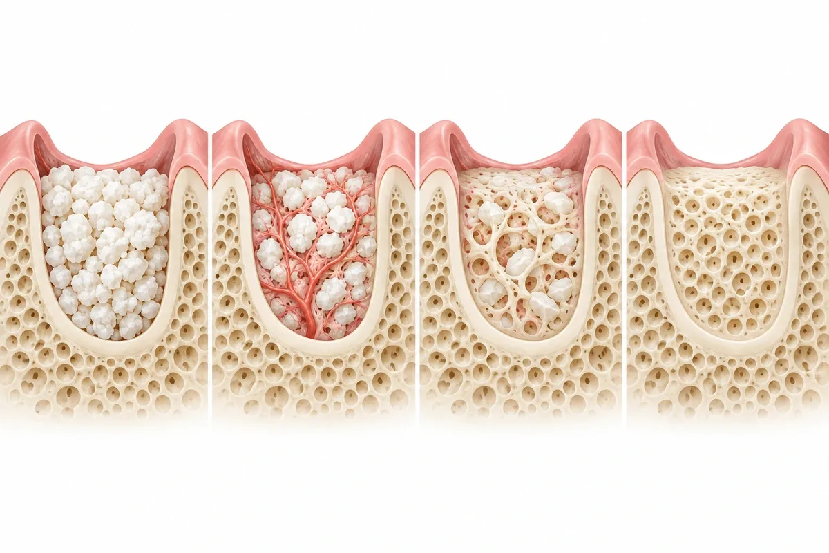 Four-panel illustration showing graft granules in bone, new blood vessels growing in, granules being replaced by bone, and mature solid bone