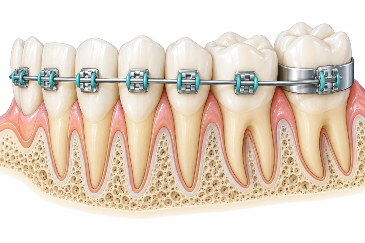 Educational illustration of braces parts: brackets bonded to teeth, archwire, ligature ties and a molar band