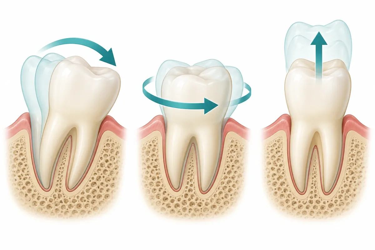Illustration comparing tooth movements: tipping, rotation and vertical movement shown with arrows on simplified teeth