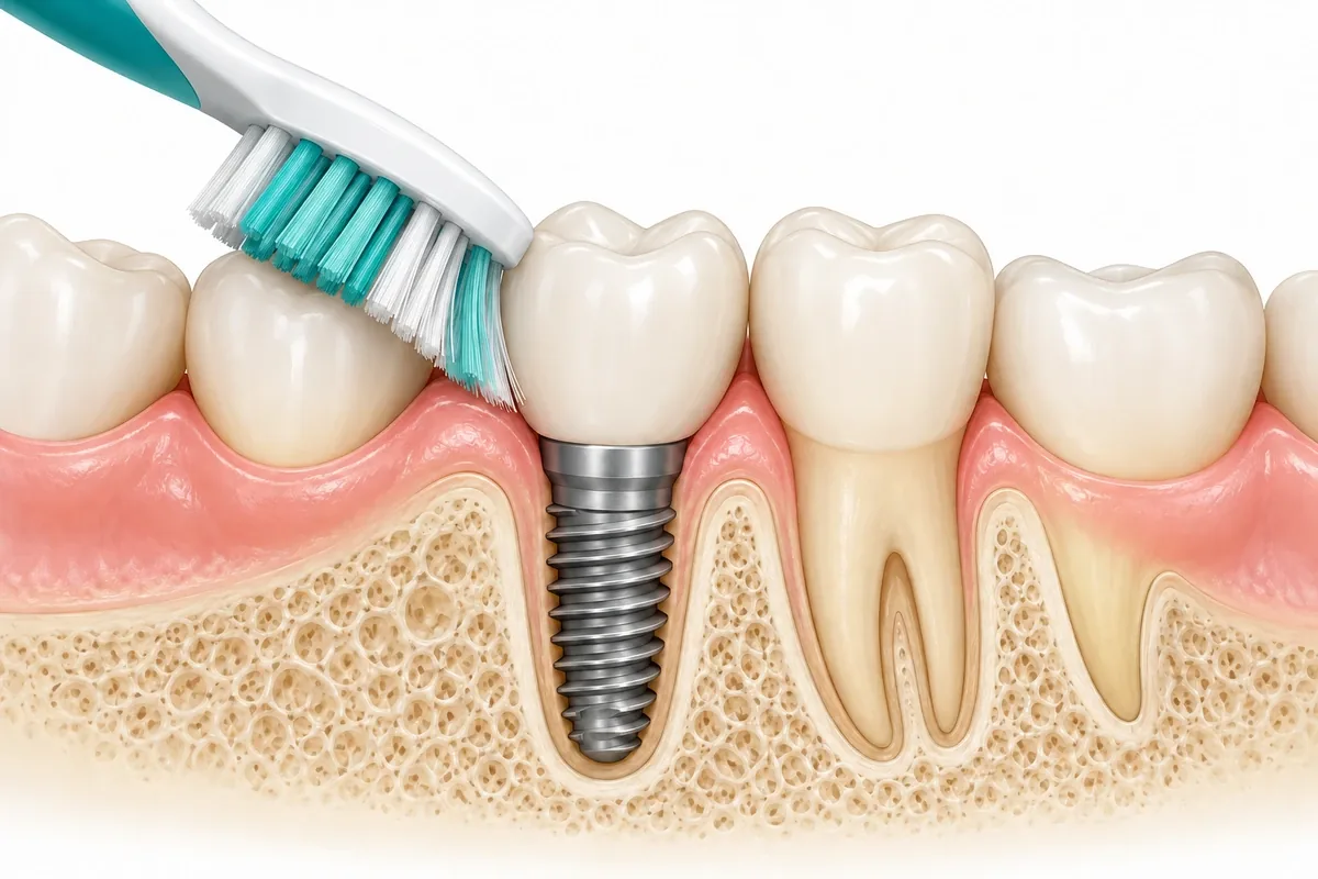 Cross-section illustration of a toothbrush angled toward the gumline where an implant crown meets the gum, with an interdental brush beside it