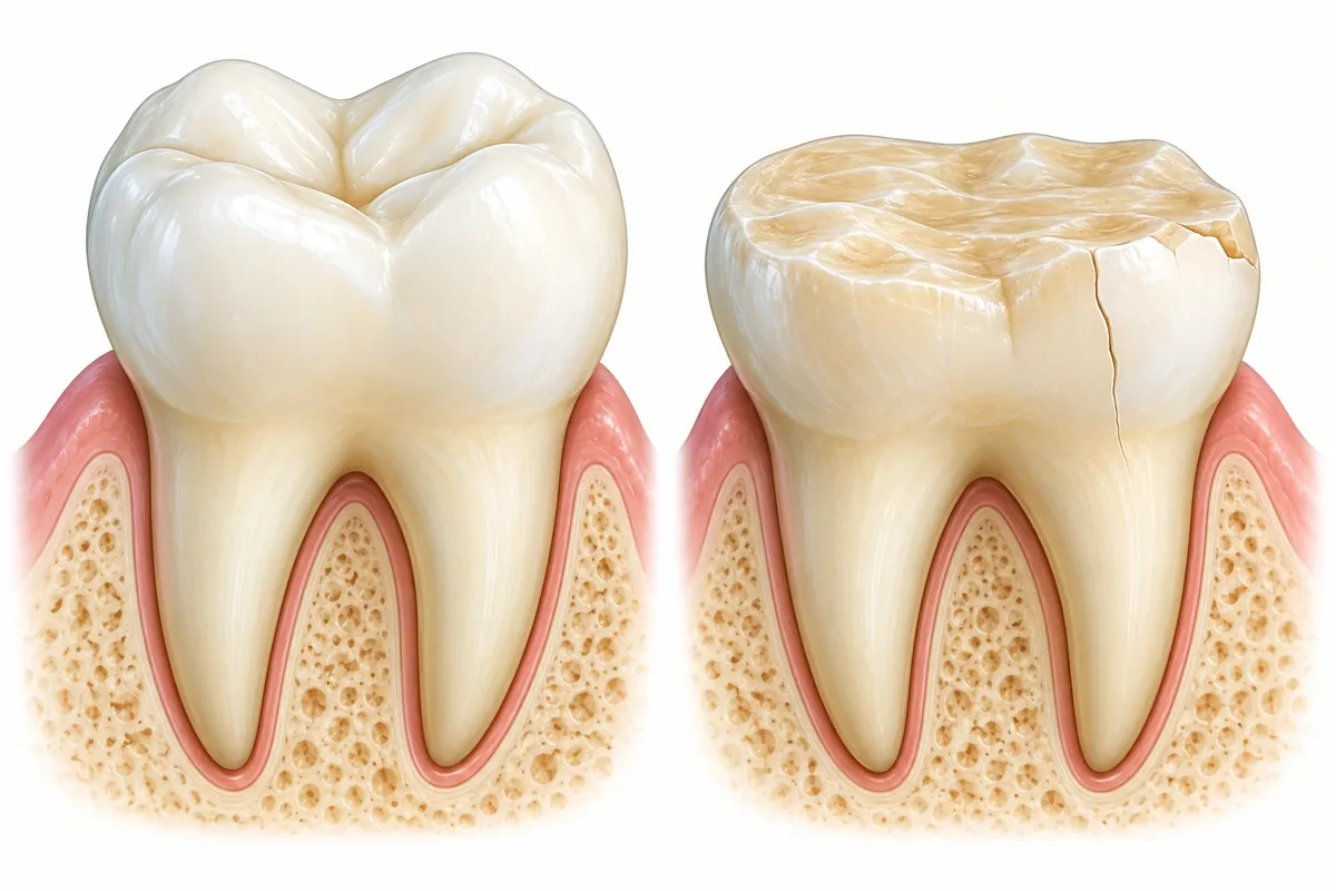 Illustration comparing a healthy molar with one showing flattened cusps, a chipped edge and a hairline crack from grinding