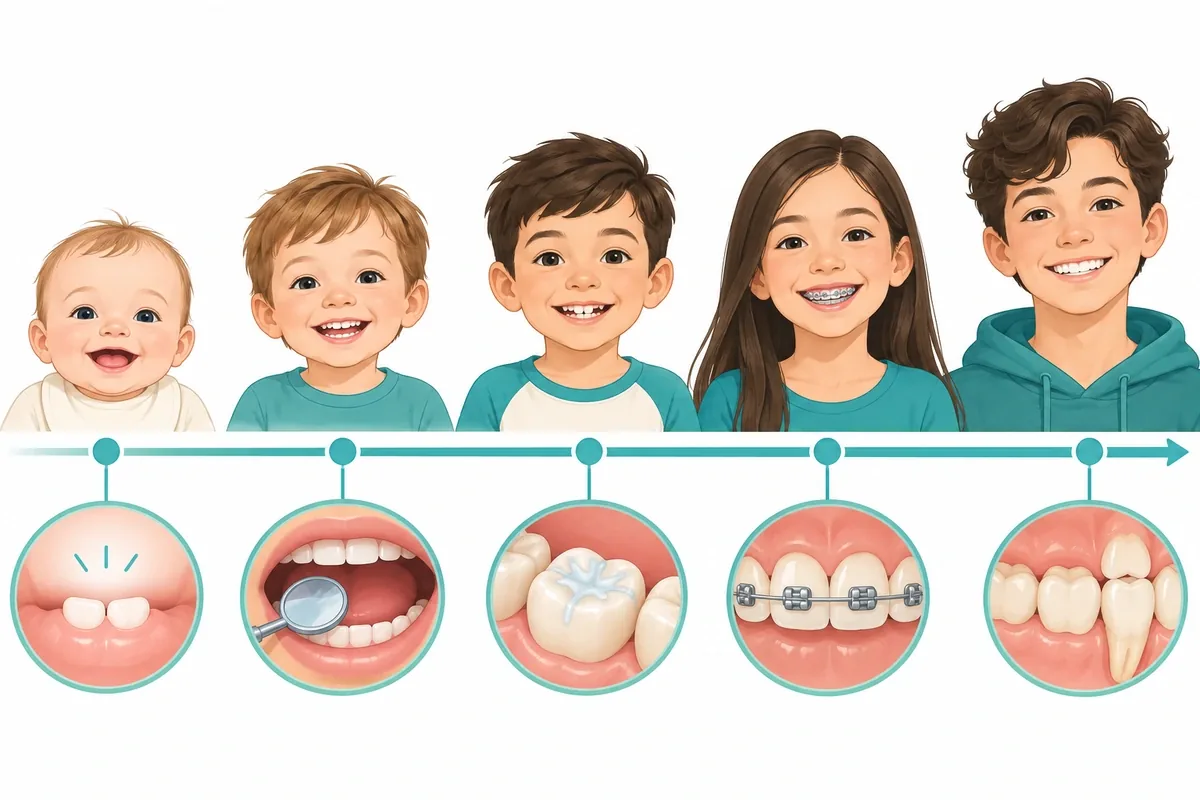 Illustrated timeline of childhood dental stages from the first tooth to the last baby tooth lost