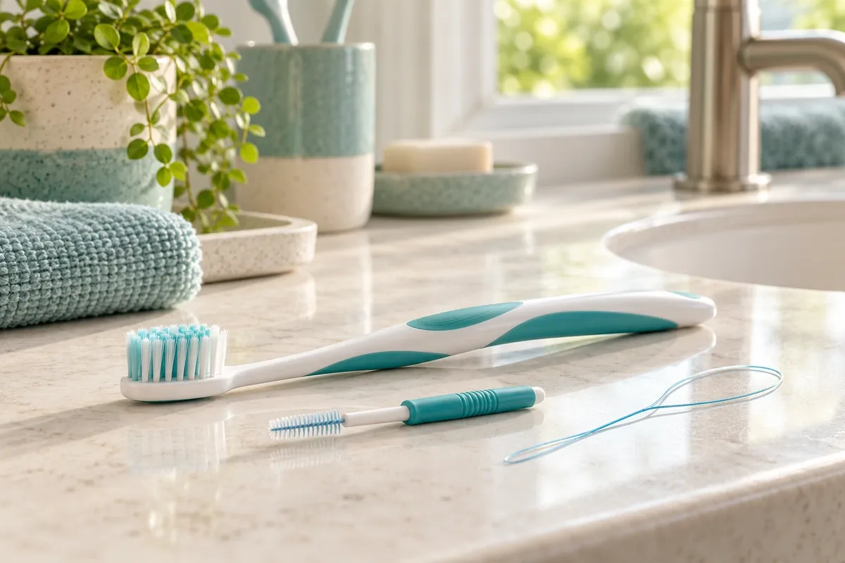 Hands holding a small interdental brush and floss threader beside a toothbrush on a bathroom counter