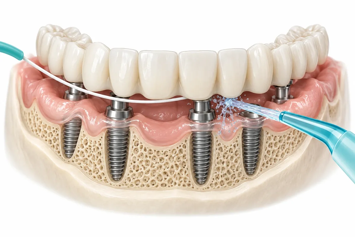 Cross-section illustration of a full-arch bridge above the gums with a floss threader passing beneath it and a water jet aimed at an implant