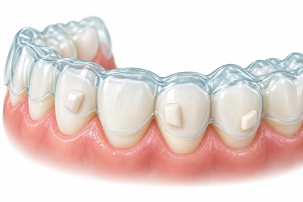 Illustration of a clear aligner tray over teeth with small tooth-colored attachments bonded to several teeth