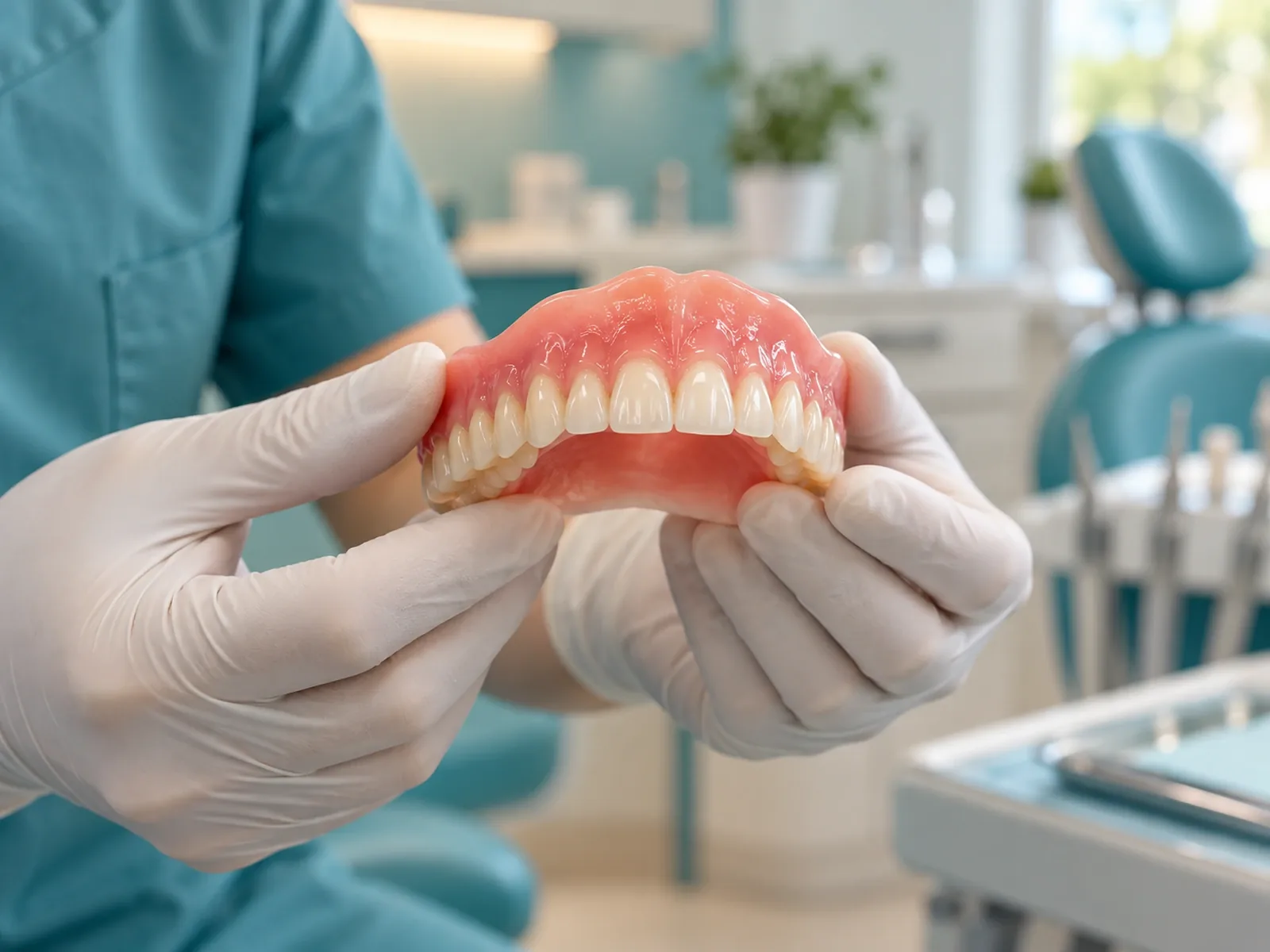 Gloved hands holding a finished upper complete denture over a dental tray in a bright treatment room