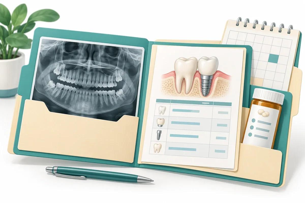 Flat illustration of a folder with dental X-ray films, a written treatment plan, a medication list and a calendar