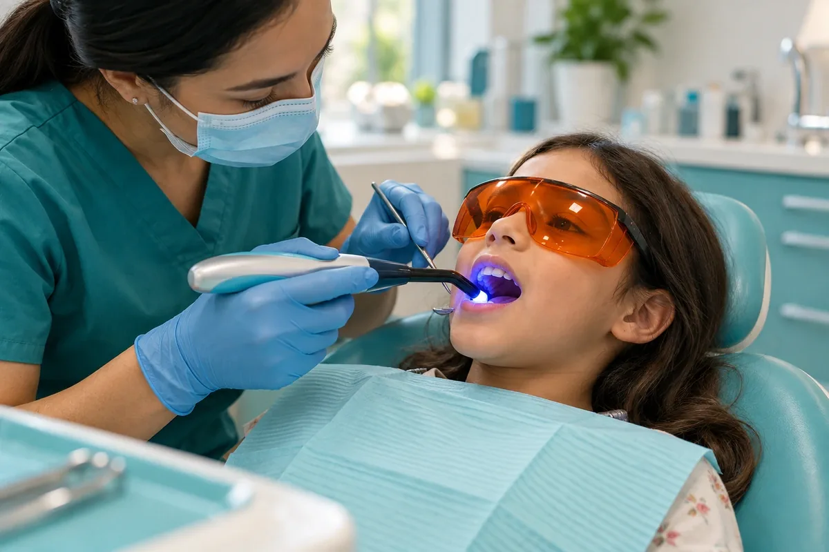 Dentist holding a blue curing light over a child's back tooth while the child reclines calmly in the chair