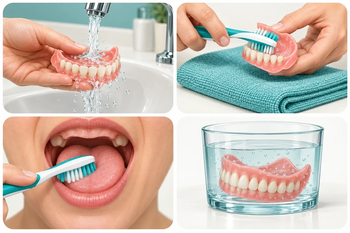 Four-step illustration: rinsing a denture, brushing it over a towel, brushing gums and tongue, and soaking the denture overnight in a cup