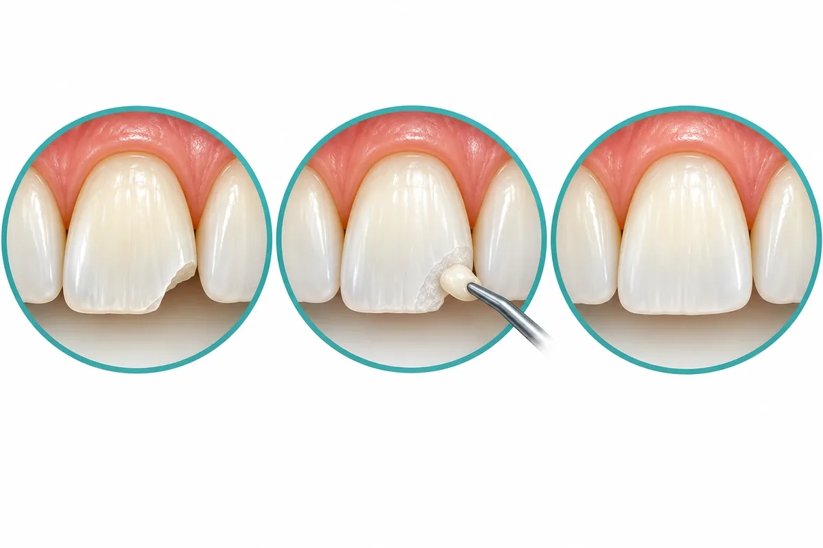 Three-panel illustration of a chipped front tooth, resin being shaped onto the chip, and the finished smooth tooth