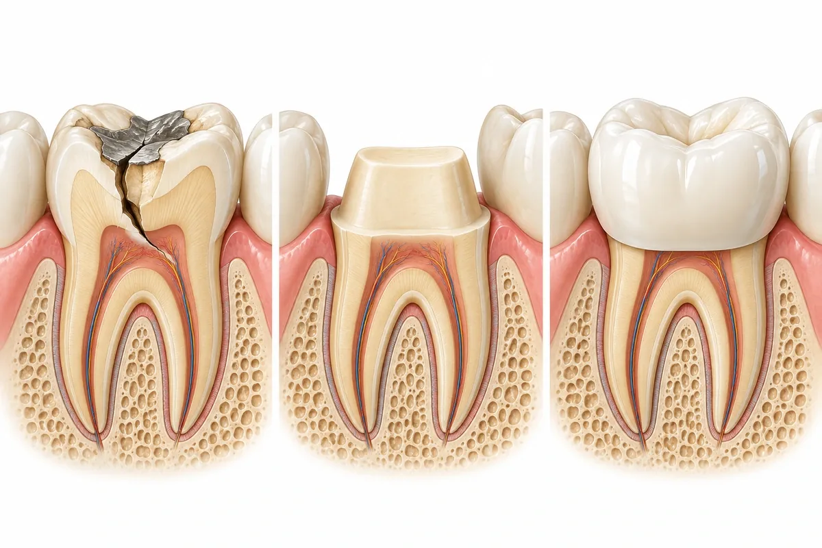 Illustration of a molar in three stages: damaged tooth, tooth reshaped for a crown, and finished crown in place