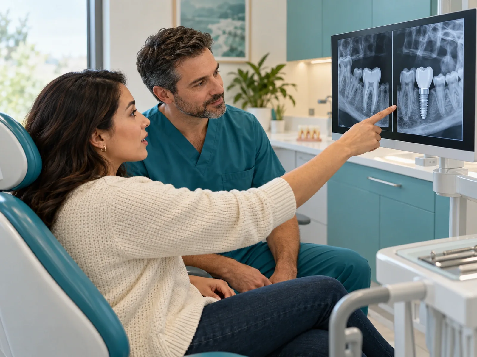 Dentist and adult patient looking together at a monitor showing a tooth X-ray, the patient pointing with a question