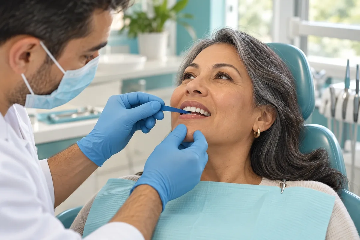 Dentist holding thin colored marking paper between a patient's upper and lower teeth to check the bite