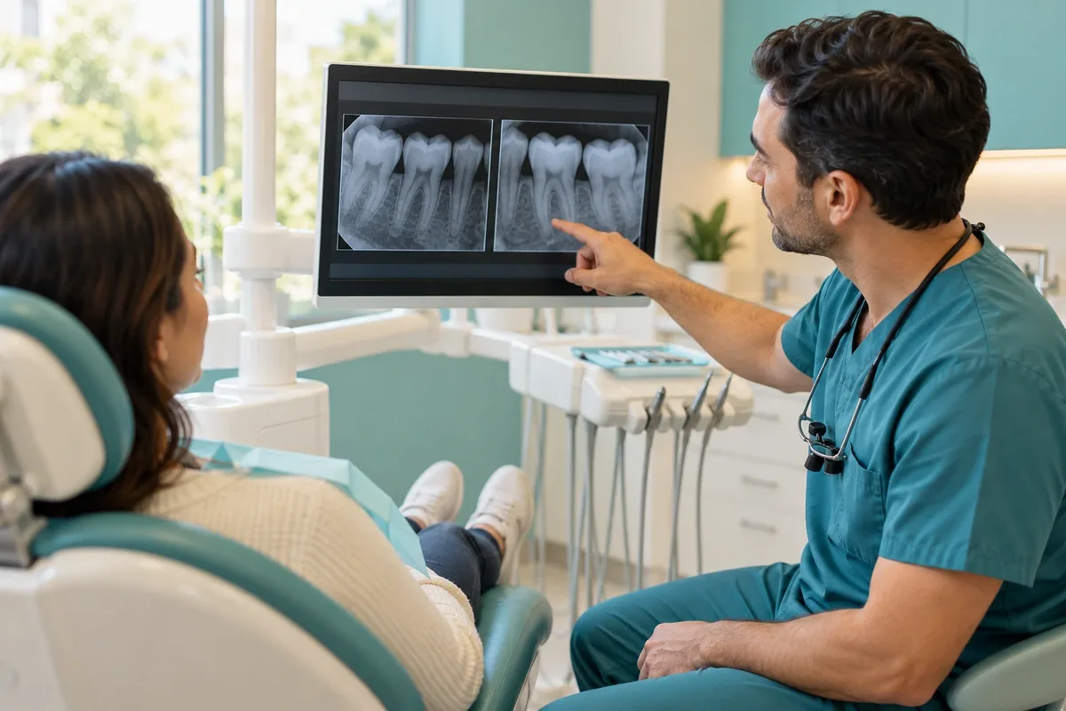 Dentist comparing an older and a newer dental X-ray side by side on a chairside monitor