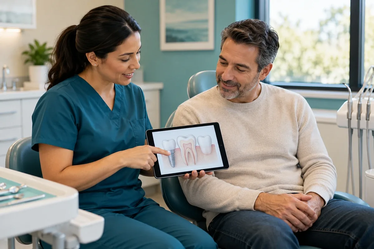 Dentist and patient looking together at a tablet showing a tooth diagram while discussing treatment options