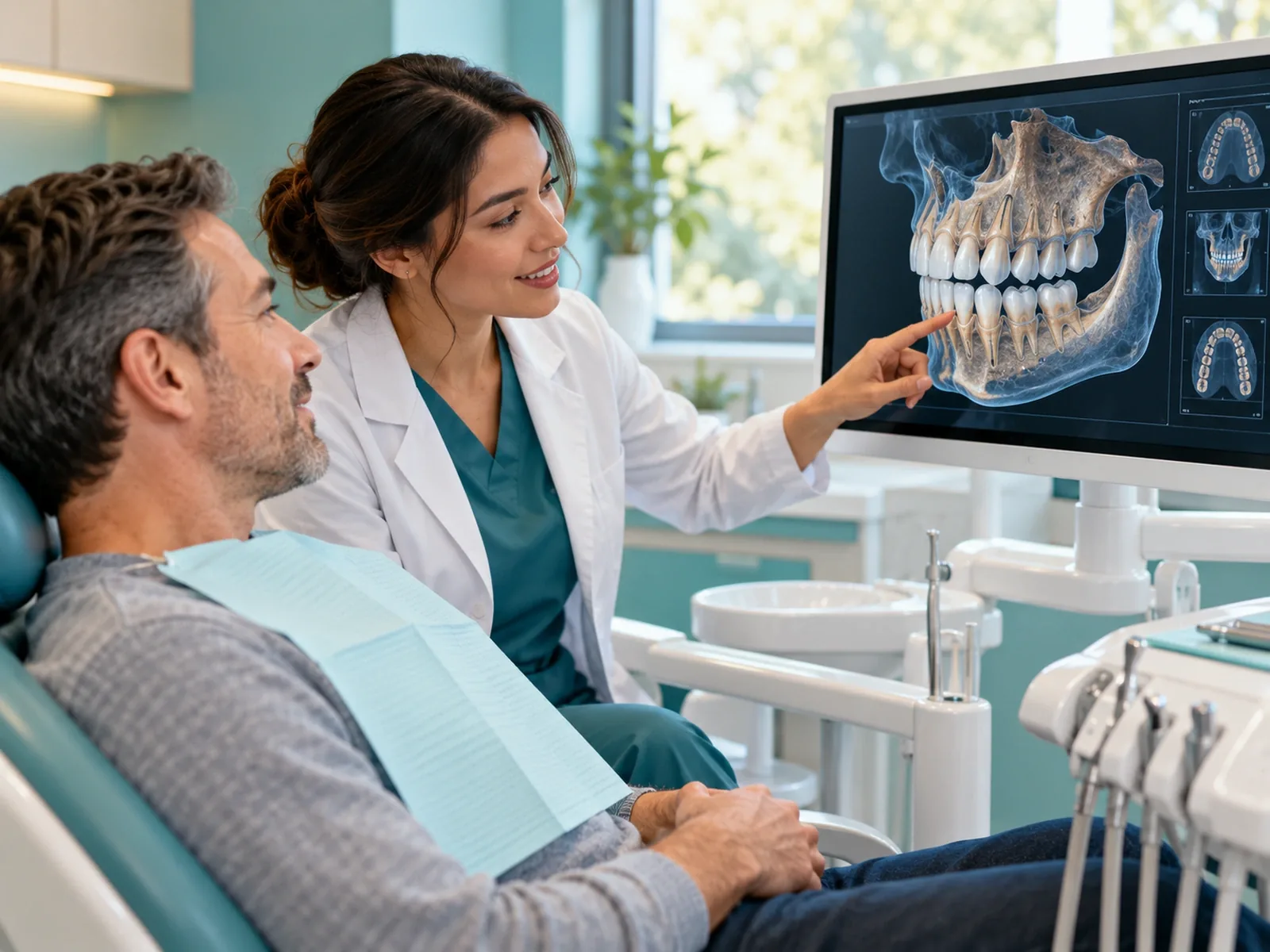A dentist and a patient looking together at a jaw scan on a screen in a treatment room