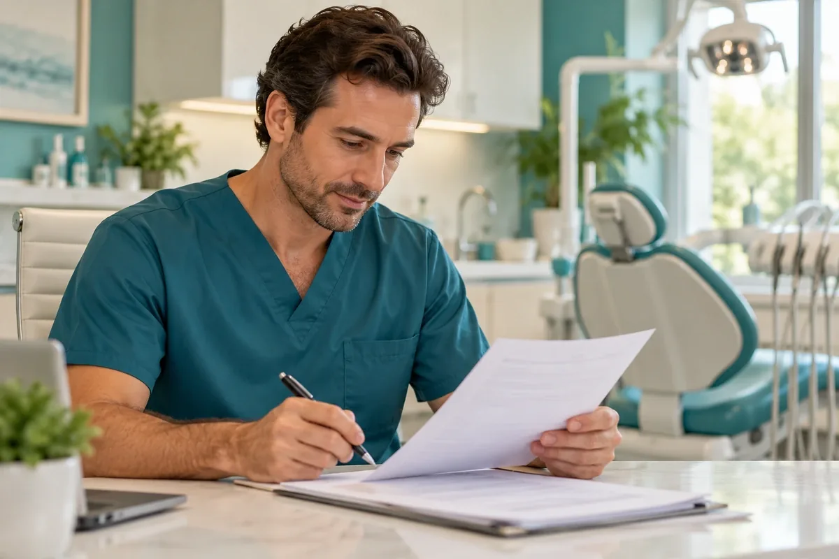 Dentist in scrubs at a desk reading a printed page and marking it with a pen