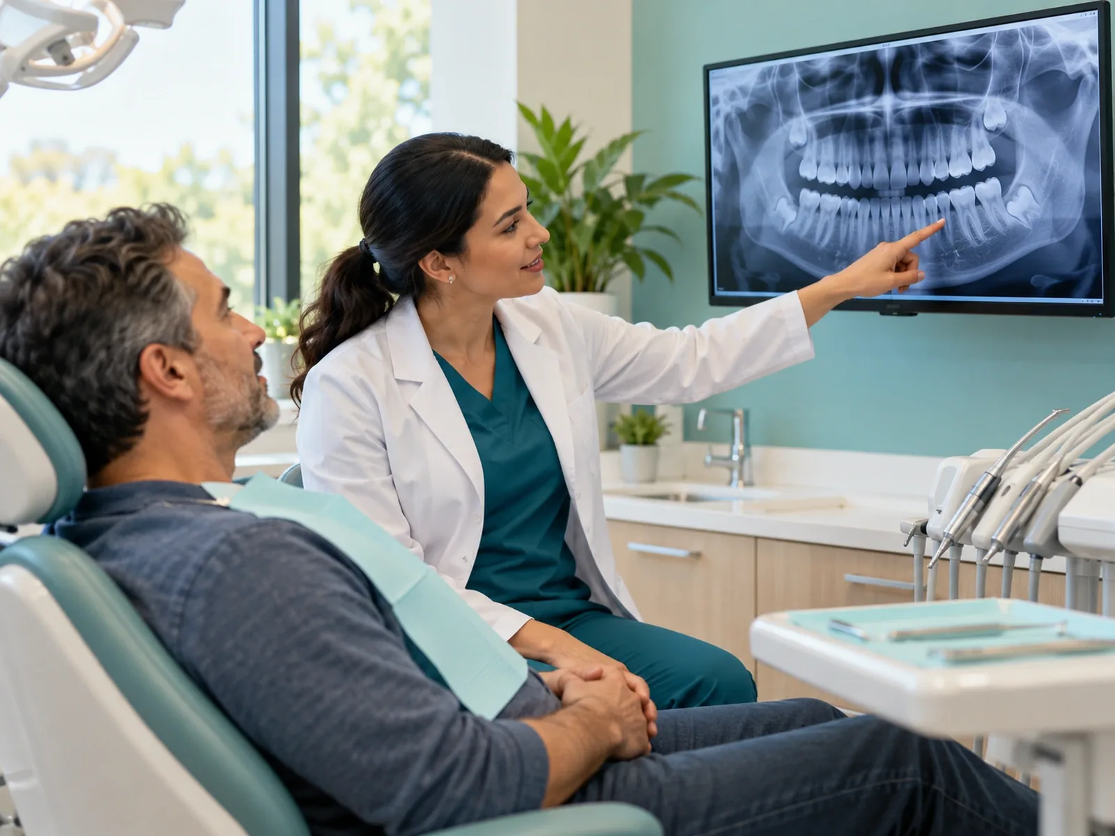Dentist pointing to an X-ray on a monitor while explaining an extraction plan to a seated adult patient