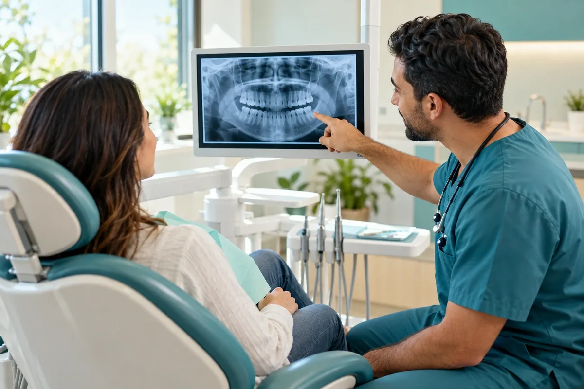 Dentist pointing at a dental X-ray on a monitor while a seated patient looks on