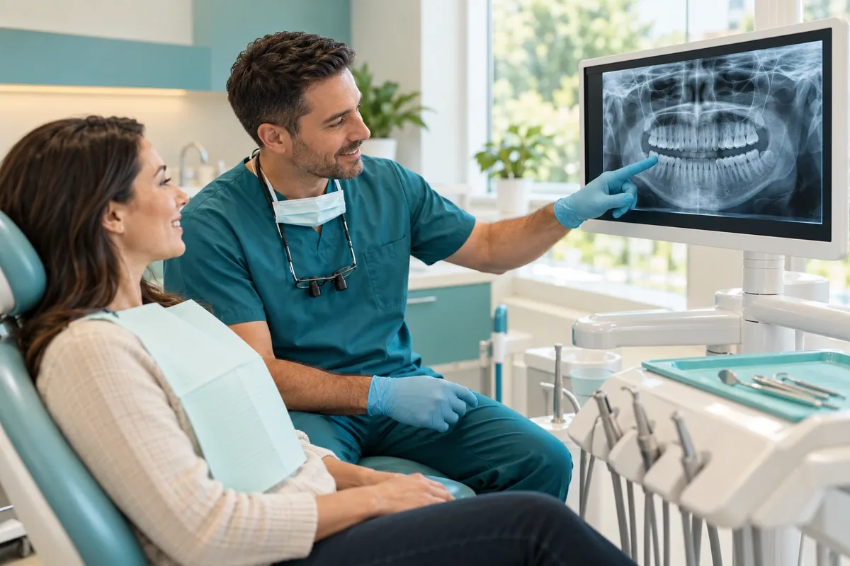 Dentist pointing to a dental X-ray on a monitor while a seated patient listens