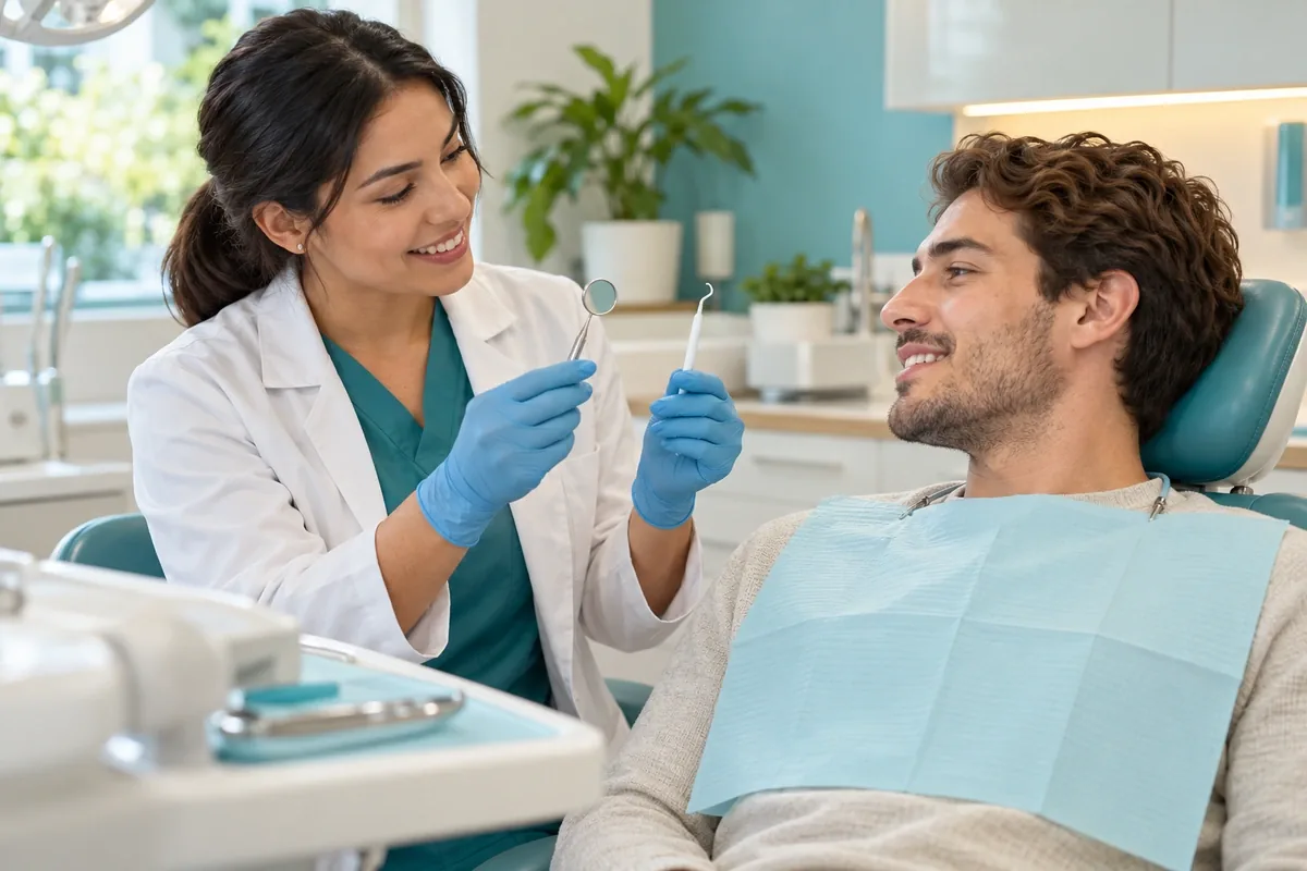 Dentist holding up a small mirror and a dental instrument to show a seated patient before beginning an exam