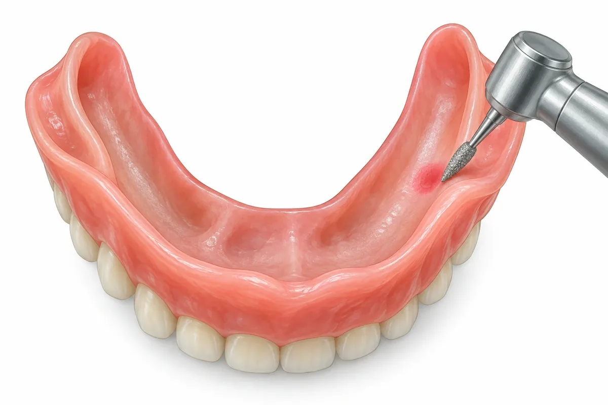 Illustration of a lower denture with a marked red pressure spot on its inner surface and a small handpiece relieving it