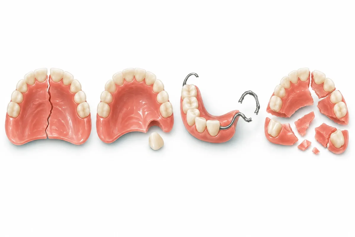 Illustration comparing four denture problems: midline base crack, detached tooth, broken clasp, and shattered base with missing pieces