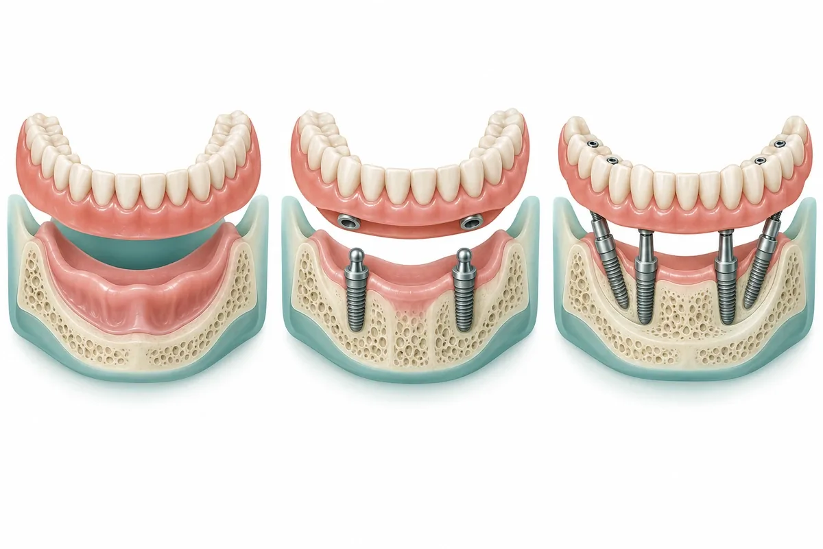 Side-by-side illustration of a conventional lower denture, a denture clipped onto two implants, and a fixed bridge on four implants