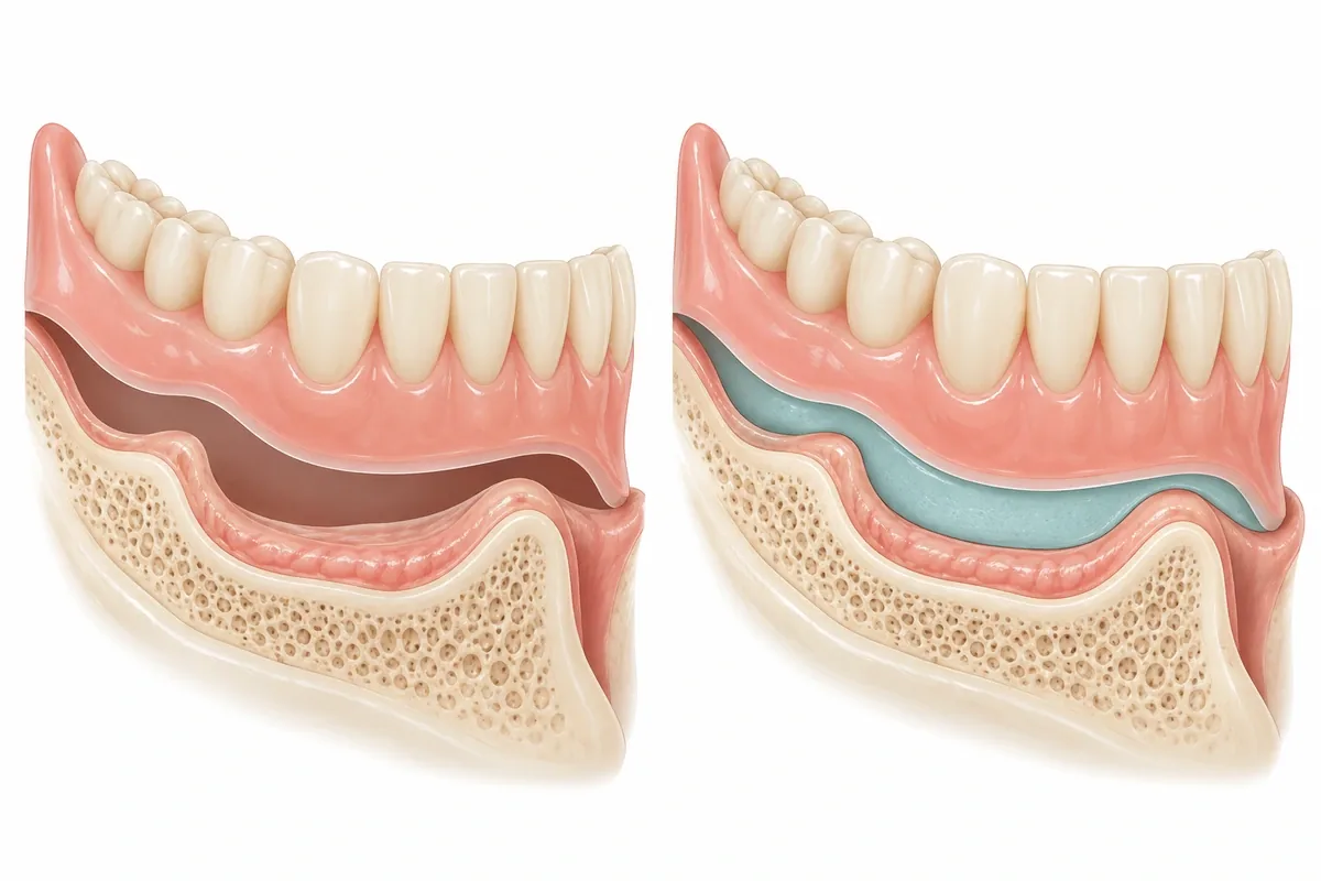 Two-panel cross-section illustration: a denture with a gap above a shrunken ridge, then the same denture with a new lining filling the gap