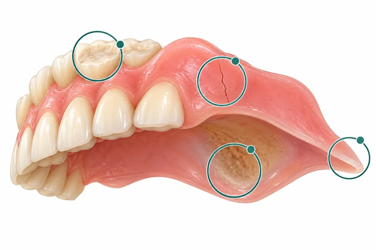 Illustration of a denture with callouts to flattened teeth, a hairline crack, stained fitting surface and a worn border