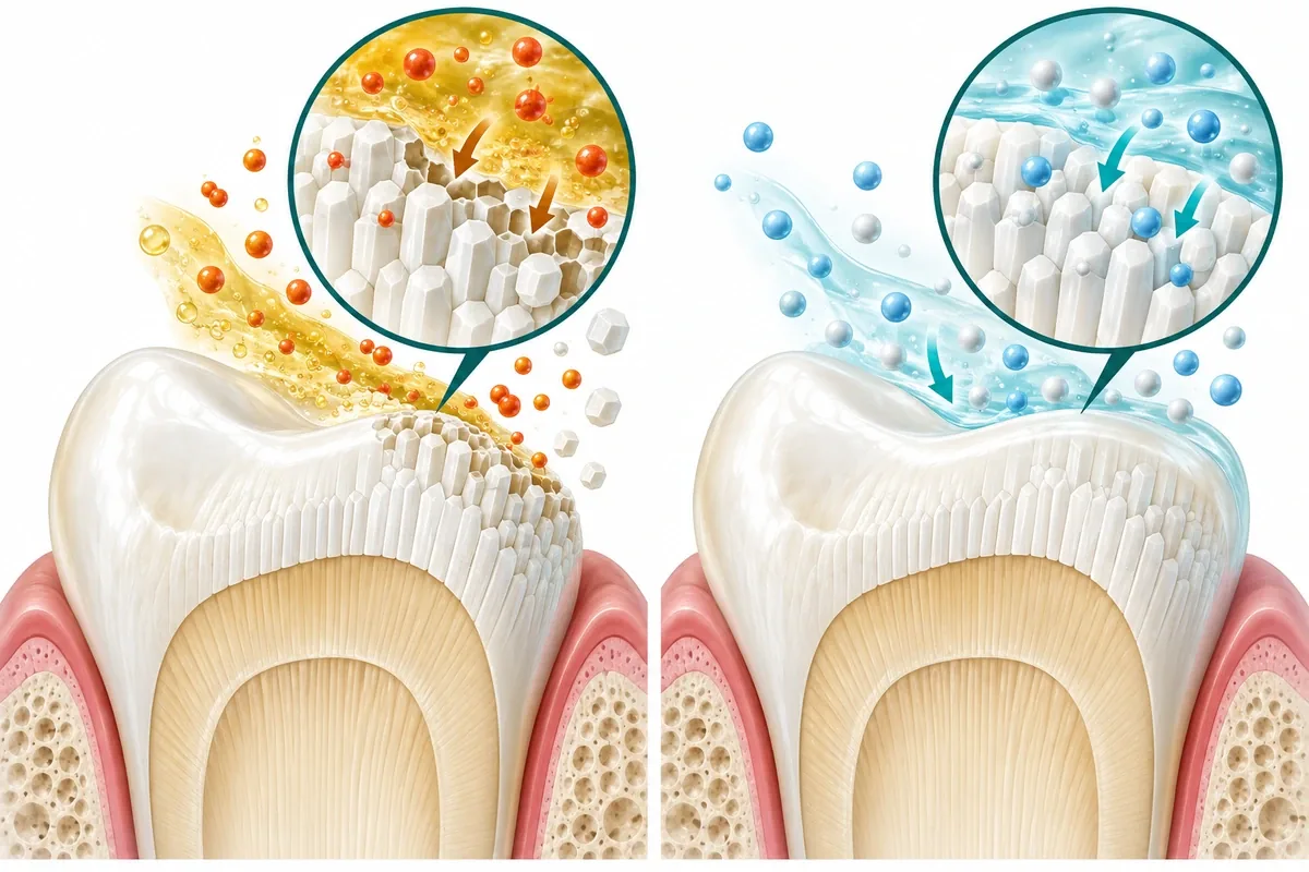 Cross-section illustration of tooth enamel losing mineral under acid and regaining it with fluoride present