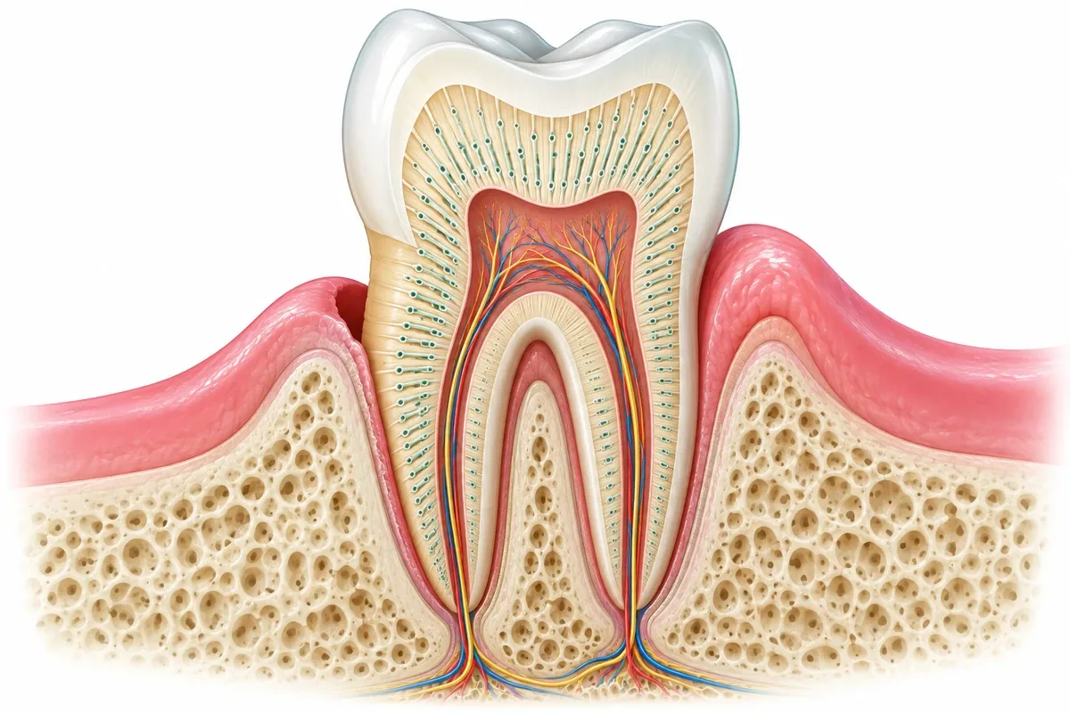 Cross-section illustration of a tooth showing receded gum, exposed root dentin with tiny tubules running inward to the nerve