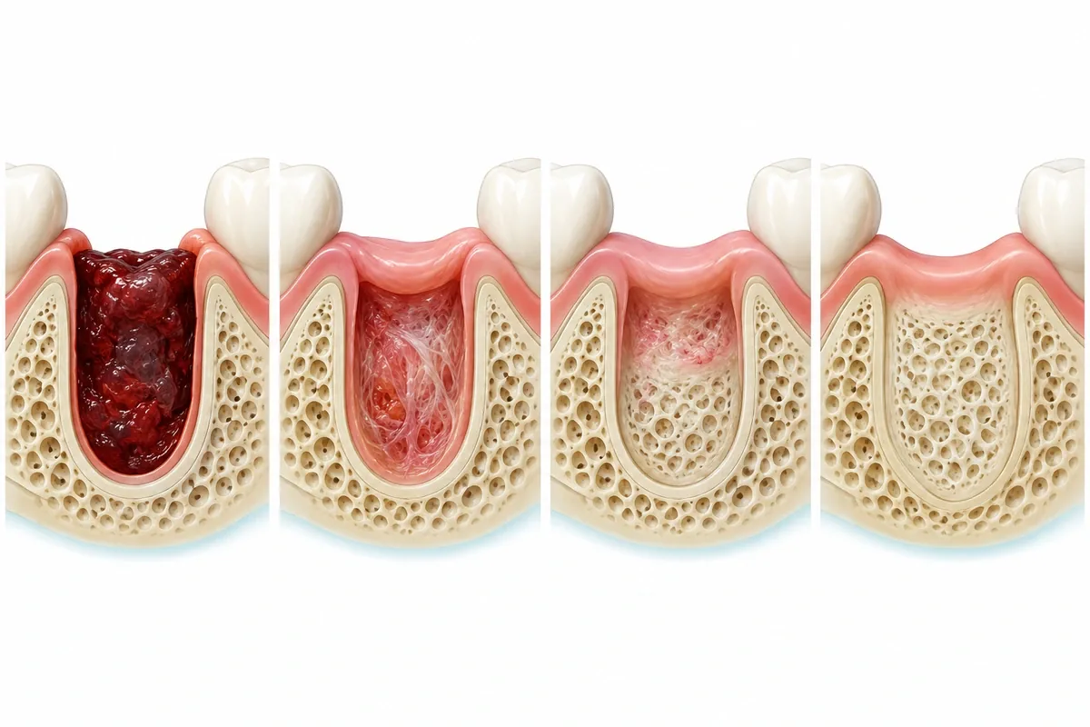 Four-panel illustration of a tooth socket healing: fresh clot, gum closing over, new tissue filling in, and bone remodeled