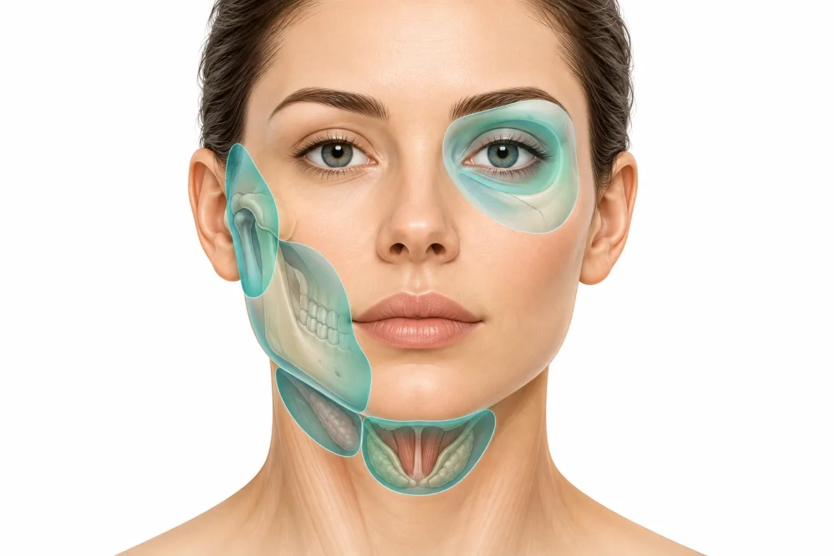 Simple illustration of a face with soft highlighted regions at the cheek, under the jaw, in front of the ear, around the eye and under the tongue