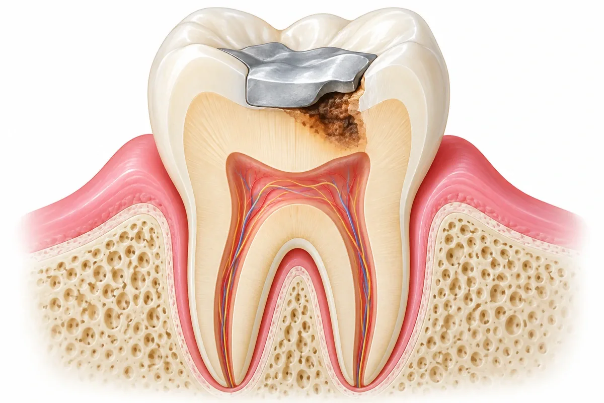 Illustration of a molar cross-section showing an old filling with a gap at its edge and decay developing underneath