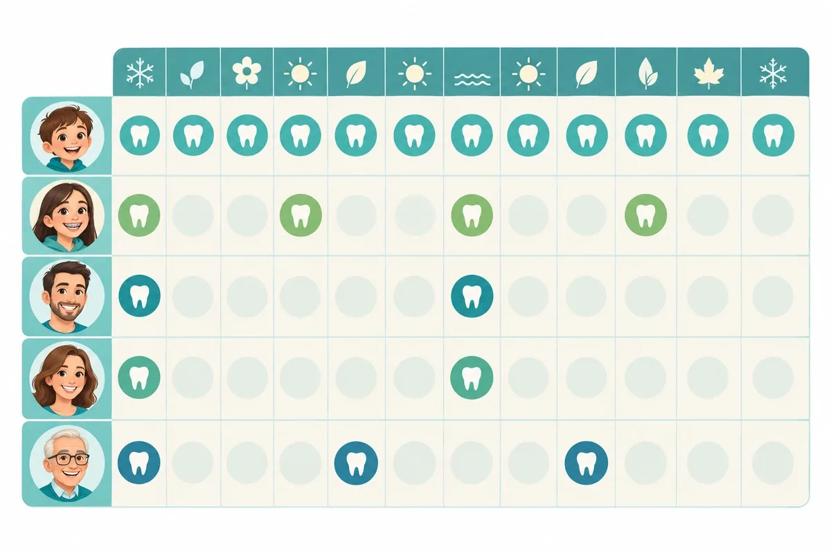 Illustrated year calendar showing staggered dental visits for a child, teen, two adults and a grandparent
