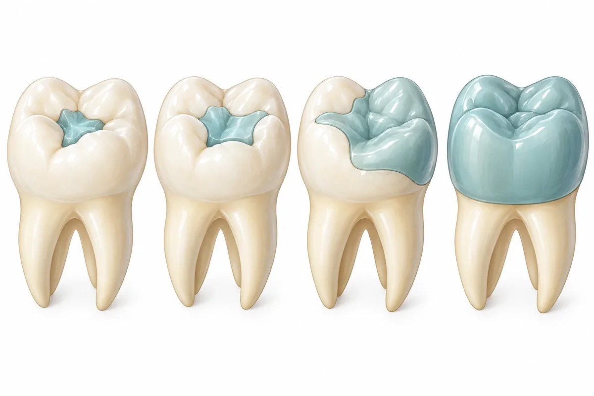 Illustration of four molars side by side showing increasing coverage: filling, inlay, onlay, and full crown
