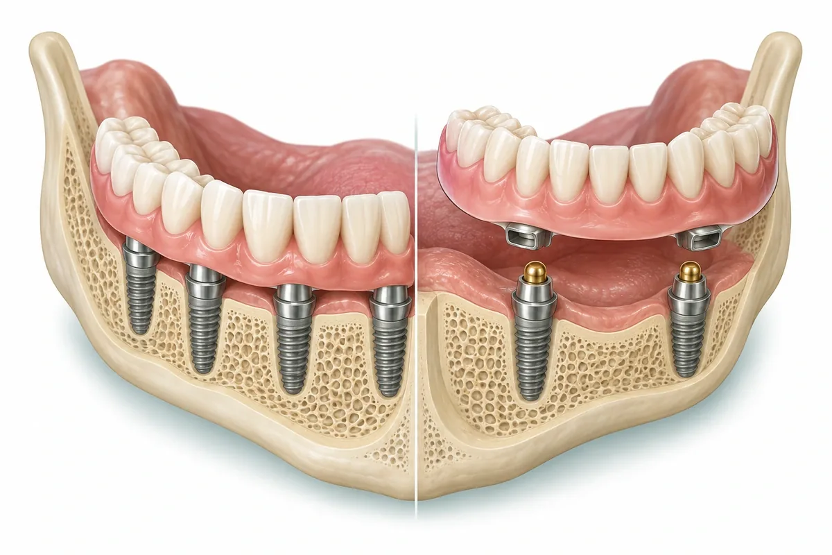 Side-by-side cross-section illustration: a fixed bridge screwed onto implants and a removable denture clipping onto implant attachments