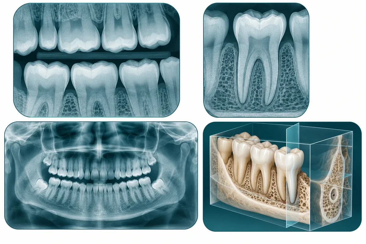Illustration of four dental image types: small bitewing, single-tooth periapical, wide panoramic jaw view, and 3D cone-beam slice