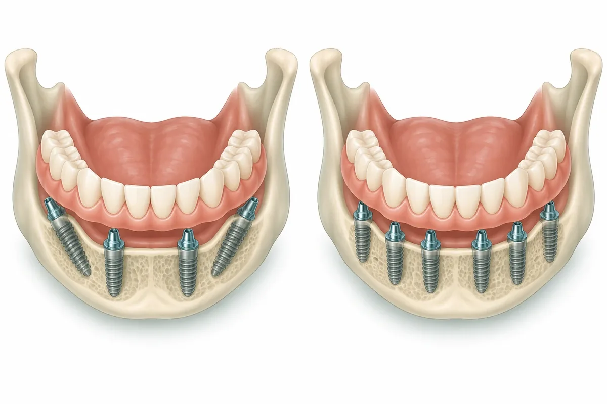 Top-down illustration of two jaw arches, one supported by four implants with tilted back posts and one by six upright implants