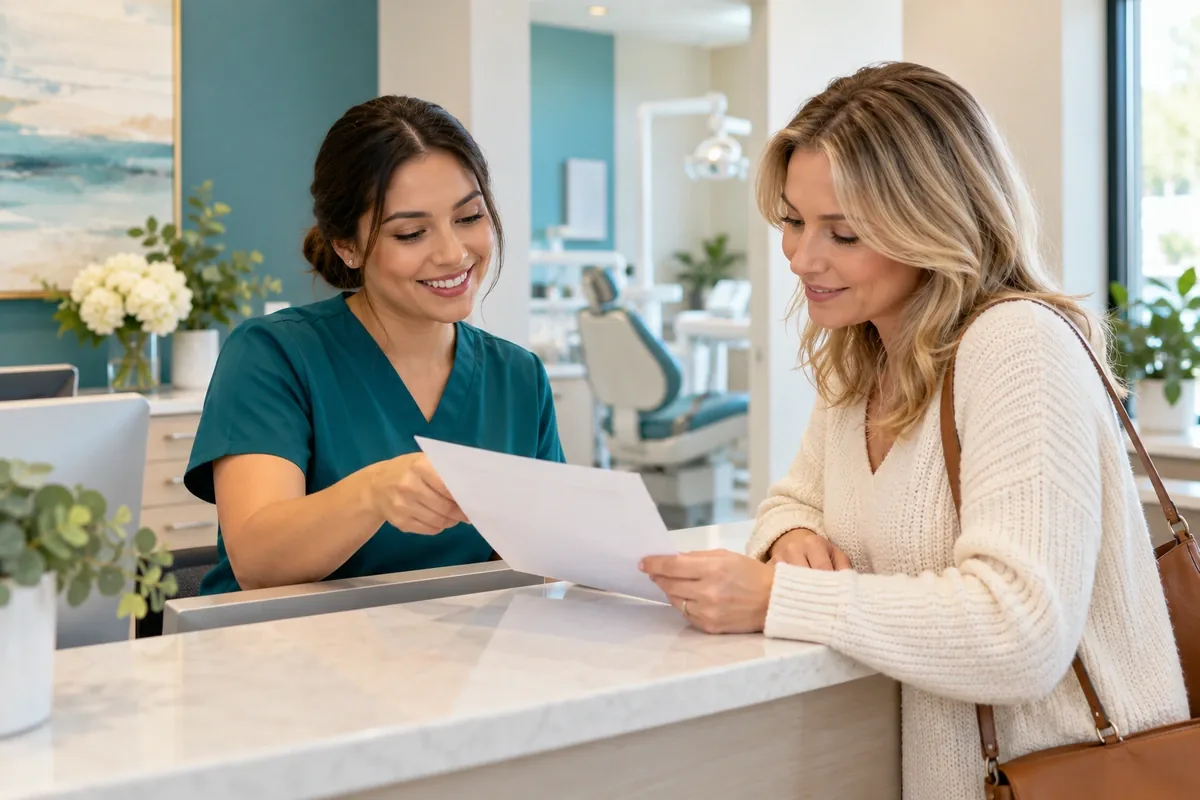 Front-desk coordinator and patient looking together at a printed treatment estimate across a reception counter
