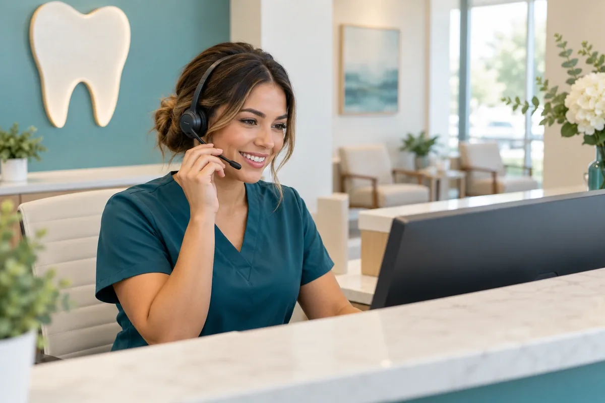 Front-desk team member on the phone at a dental reception desk, looking at a scheduling screen