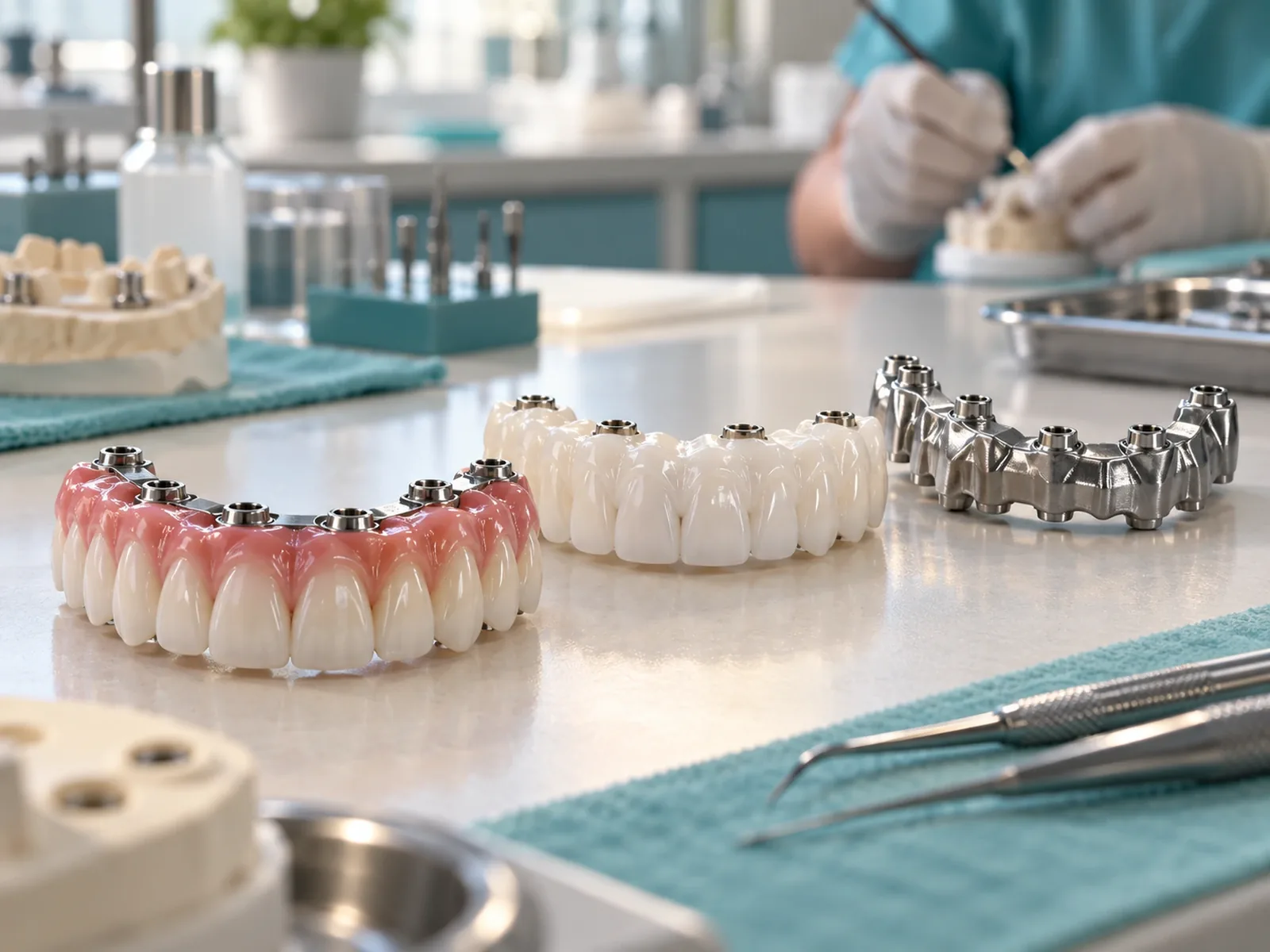 Three full-arch implant bridges on a dental lab bench: pink-and-white acrylic hybrid, solid white zirconia, and a metal frame