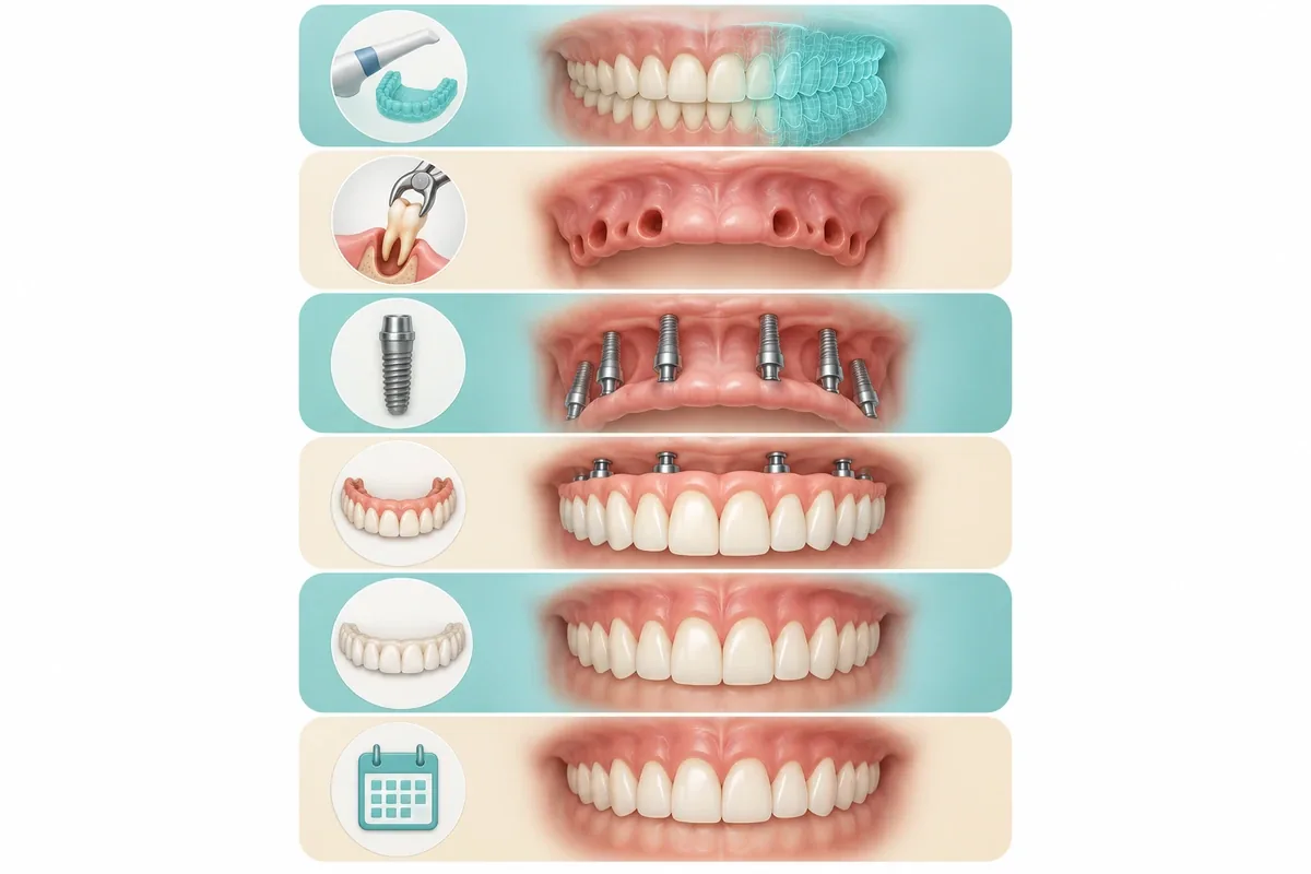 Stacked block illustration showing the parts of a full-arch implant plan: diagnostics, extractions and grafting, implants, temporary bridge, final bridge, follow-up