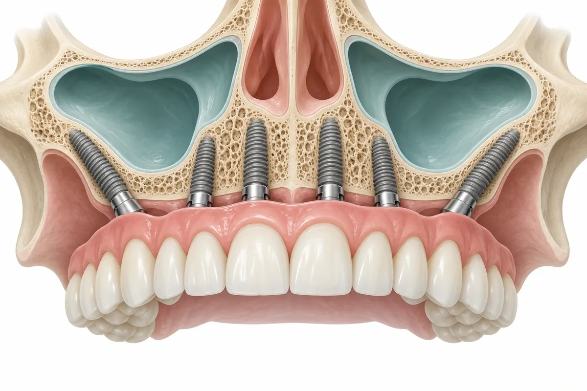 Cross-section illustration of a full-arch bridge resting on implants, showing bone depth differing between front and back of the jaw